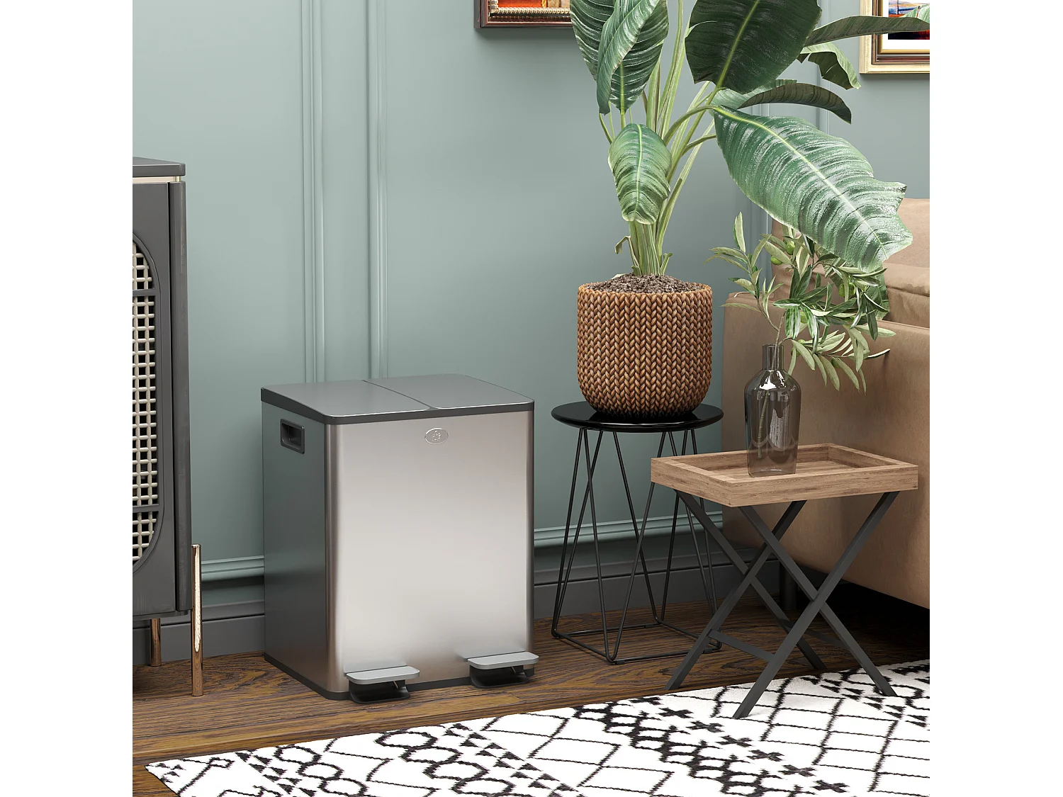 Poubelle manuelle tri selectif 2 bacs capacité totale 20L acier inox. brossé