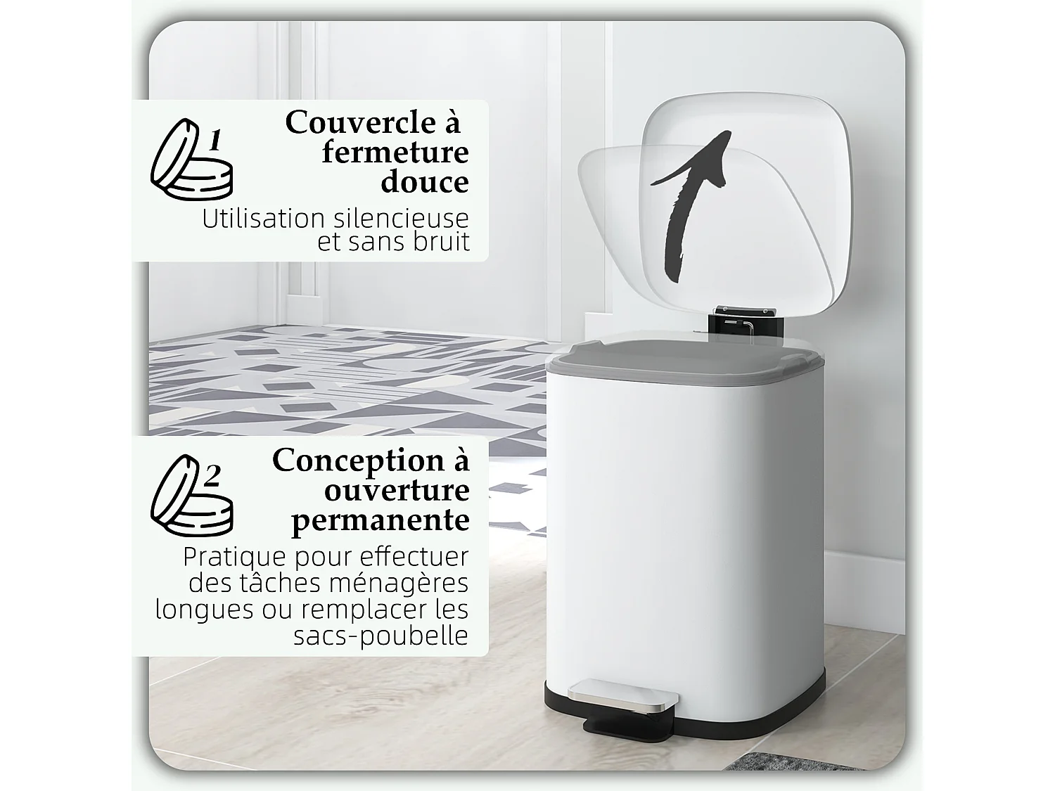 Poubelle de cuisine 12L - poubelle de salle de bain à pédale - seau amovible - métal blanc noir