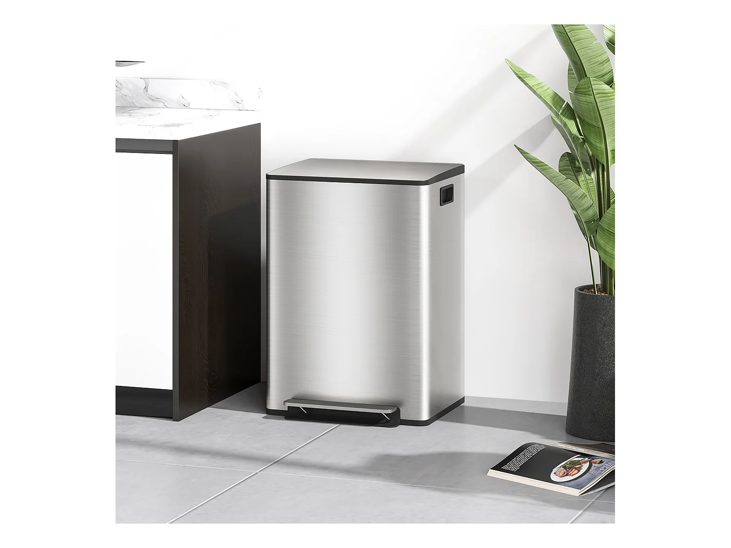 Poubelle de cuisine à pédale 2 compartiments 2 x 30L - seaux amovibles - acier inox. brossé