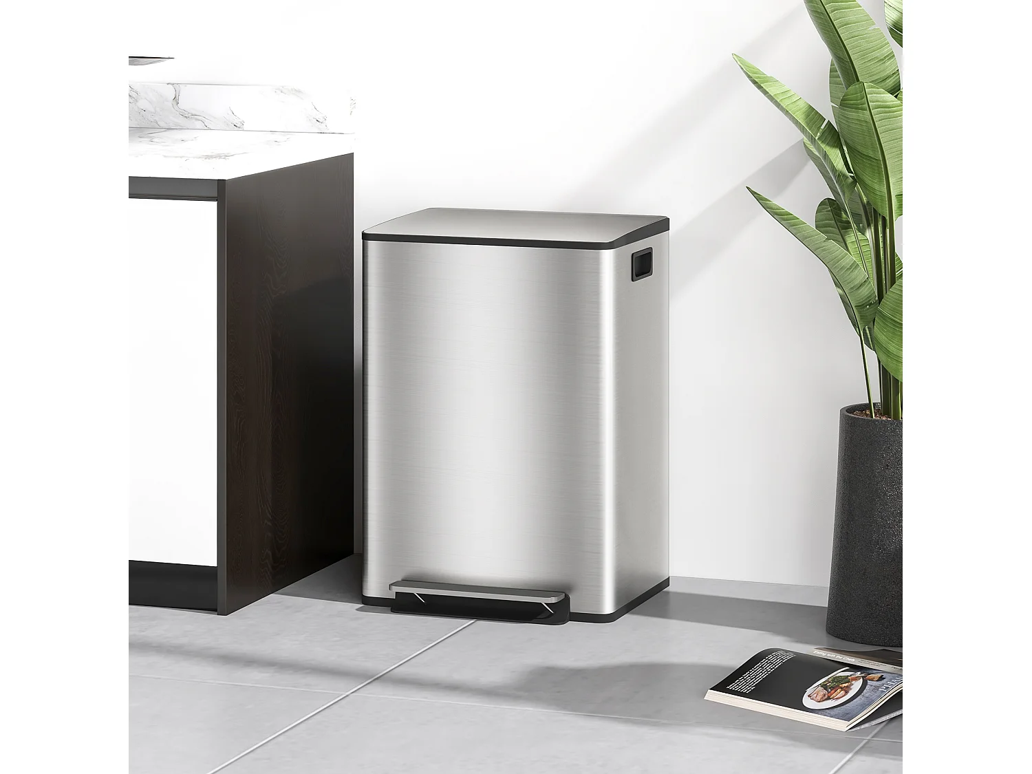 Poubelle de cuisine à pédale 2 compartiments 2 x 30L - seaux amovibles - acier inox. brossé