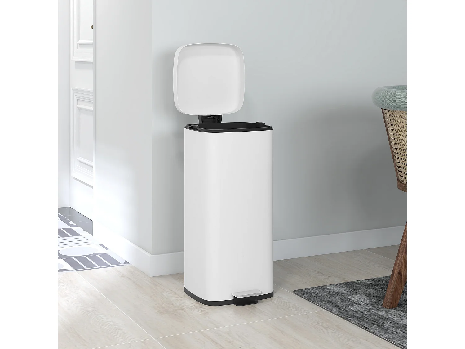 Poubelle de cuisine 30L - poubelle à pédale compartiment seau amovible - acier inox. blanc