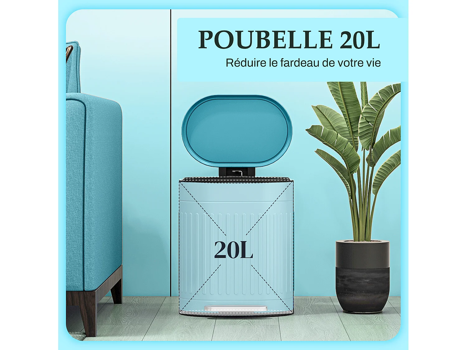 Poubelle à pédale, 20L, ovale, en métal avec couvercle, anti-traces de doigts, seau intérieur amovible, 36,5 x 31,2 x 45 cm, bleu