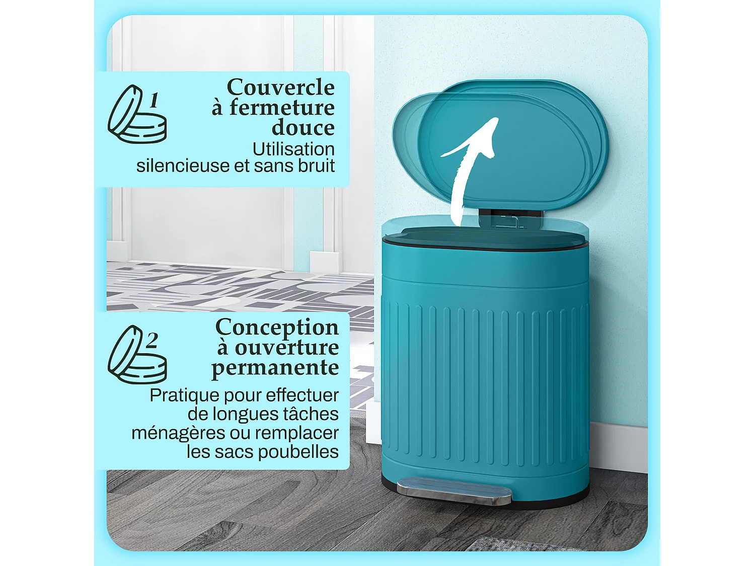 Poubelle à pédale, 20L, ovale, en métal avec couvercle, anti-traces de doigts, seau intérieur amovible, 36,5 x 31,2 x 45 cm, bleu