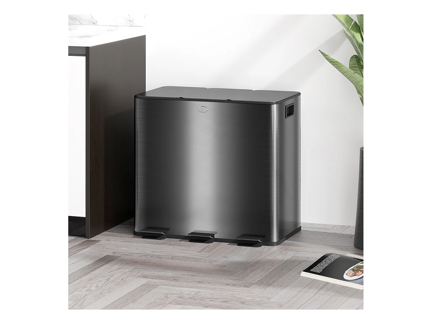 Poubelle manuelle tri selectif 3 bacs capacité totale 45L acier inox. brossé