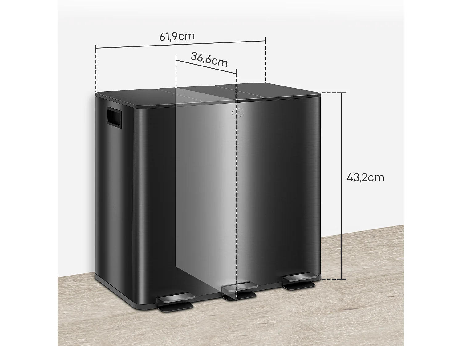 Poubelle manuelle tri selectif 3 bacs capacité totale 45L acier inox. brossé