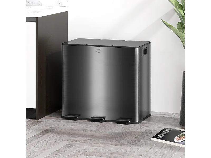 Poubelle manuelle tri selectif 3 bacs capacité totale 45L acier inox. brossé
