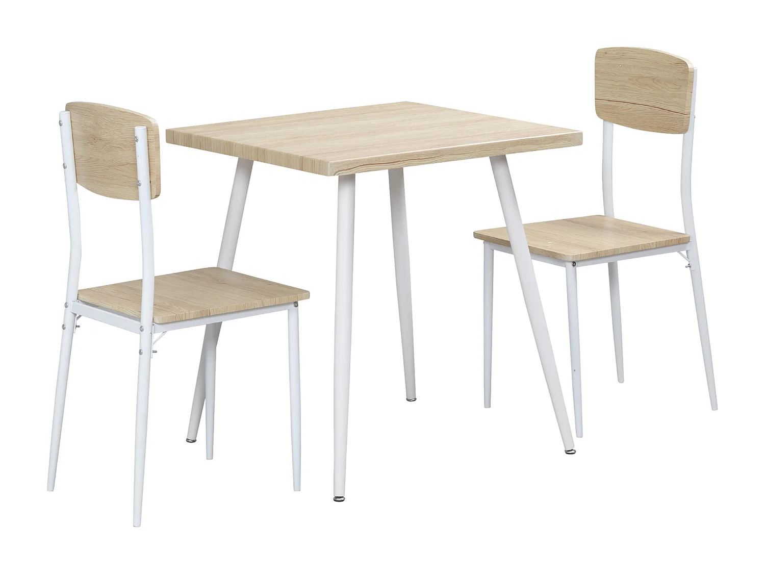Ensemble table et chaises 3 pièces style nordique piètement effilé acier blanc aspect bois clair