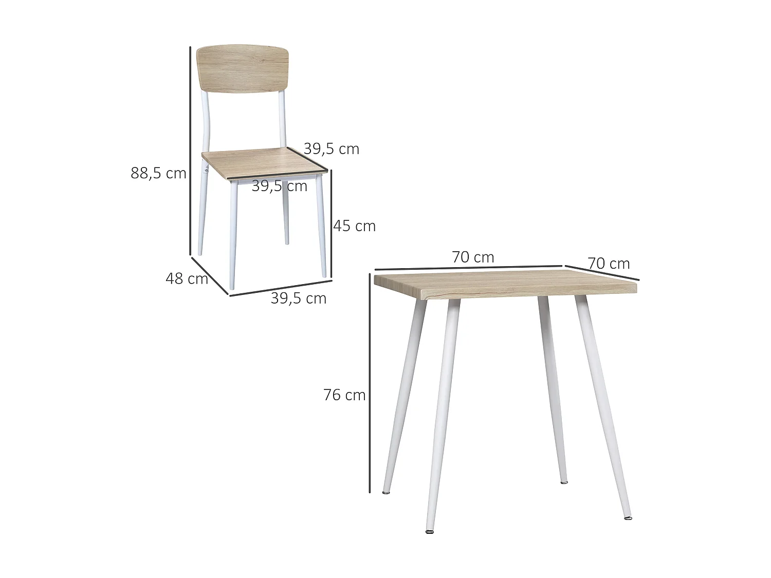 Ensemble table et chaises 3 pièces style nordique piètement effilé acier blanc aspect bois clair