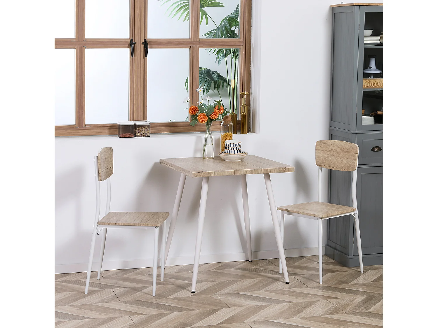 Ensemble table et chaises 3 pièces style nordique piètement effilé acier blanc aspect bois clair