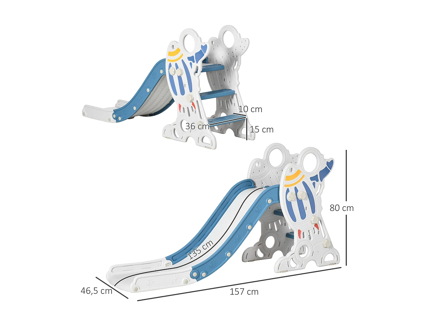 Toboggan enfant 18-36 mois design fusée - usage intérieur - dim. 157L x 46,5l x 80H cm - PE bleu blanc