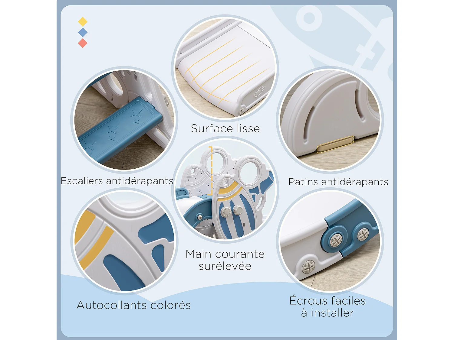 Toboggan enfant 18-36 mois design fusée - usage intérieur - dim. 157L x 46,5l x 80H cm - PE bleu blanc