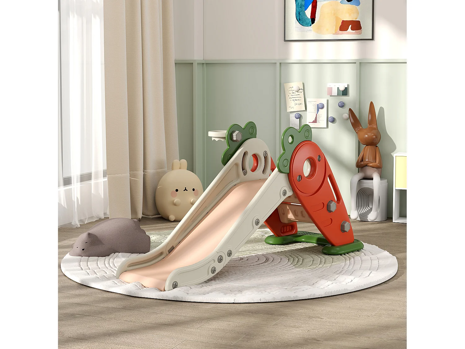 Toboggan pliable enfant 12-36 mois - panier basket, balle inclus - usage intérieur extérieur - HDPE orange beige