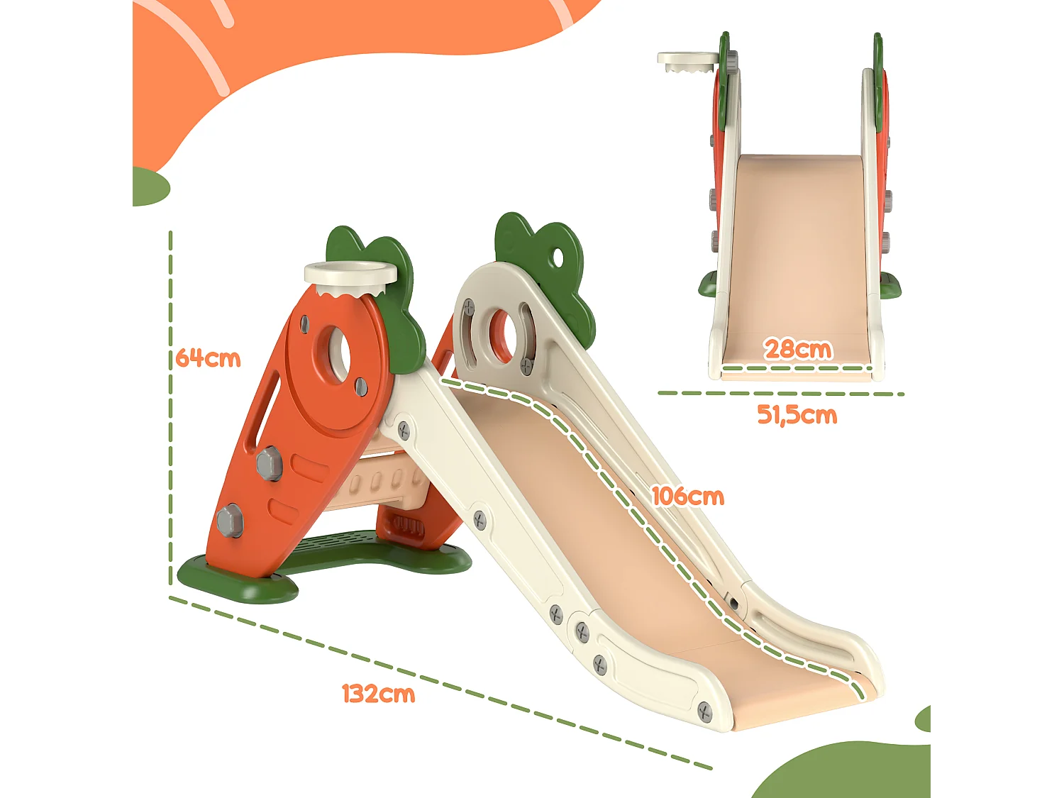 Toboggan pliable enfant 12-36 mois - panier basket, balle inclus - usage intérieur extérieur - HDPE orange beige