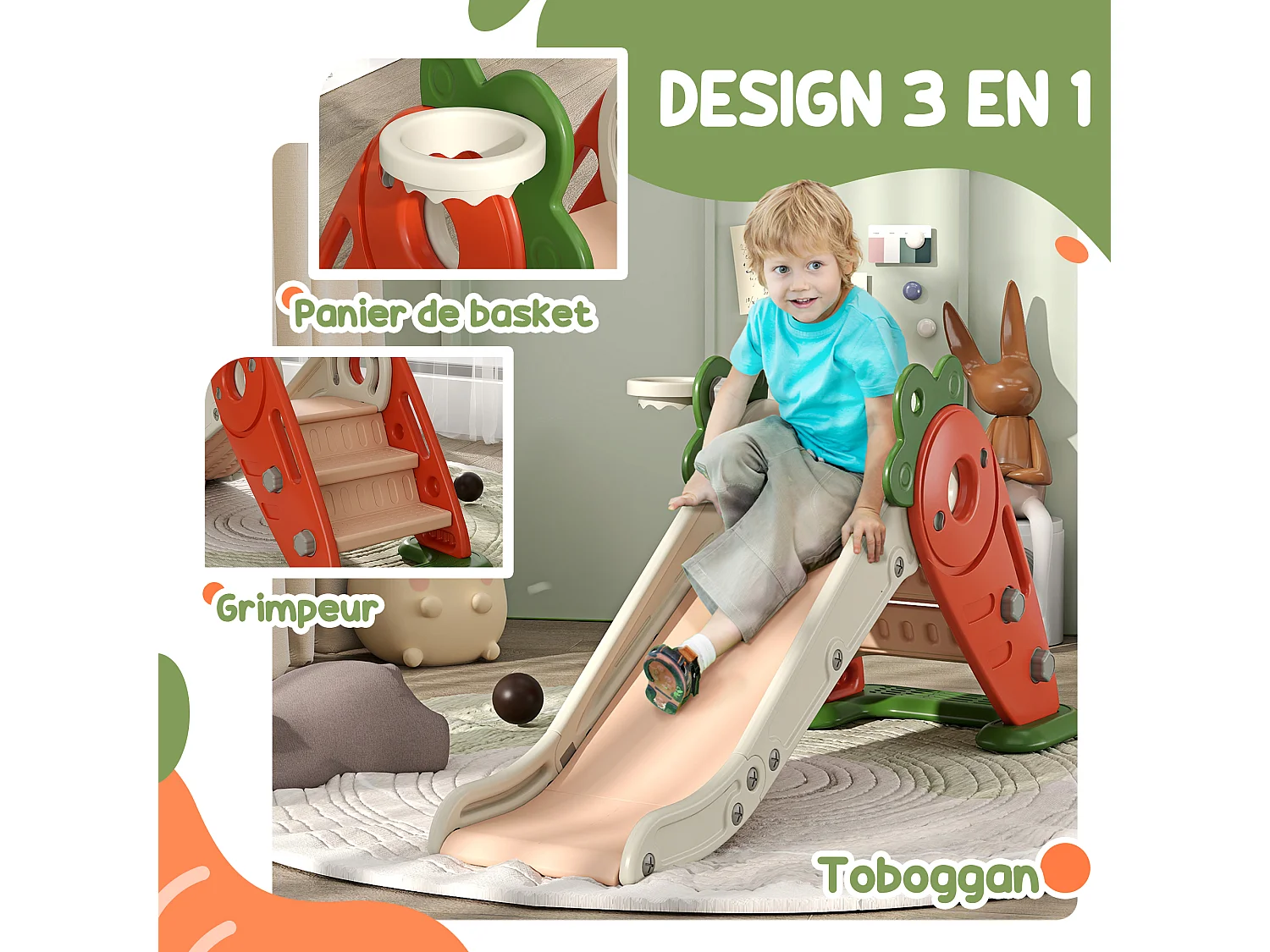 Toboggan pliable enfant 12-36 mois - panier basket, balle inclus - usage intérieur extérieur - HDPE orange beige