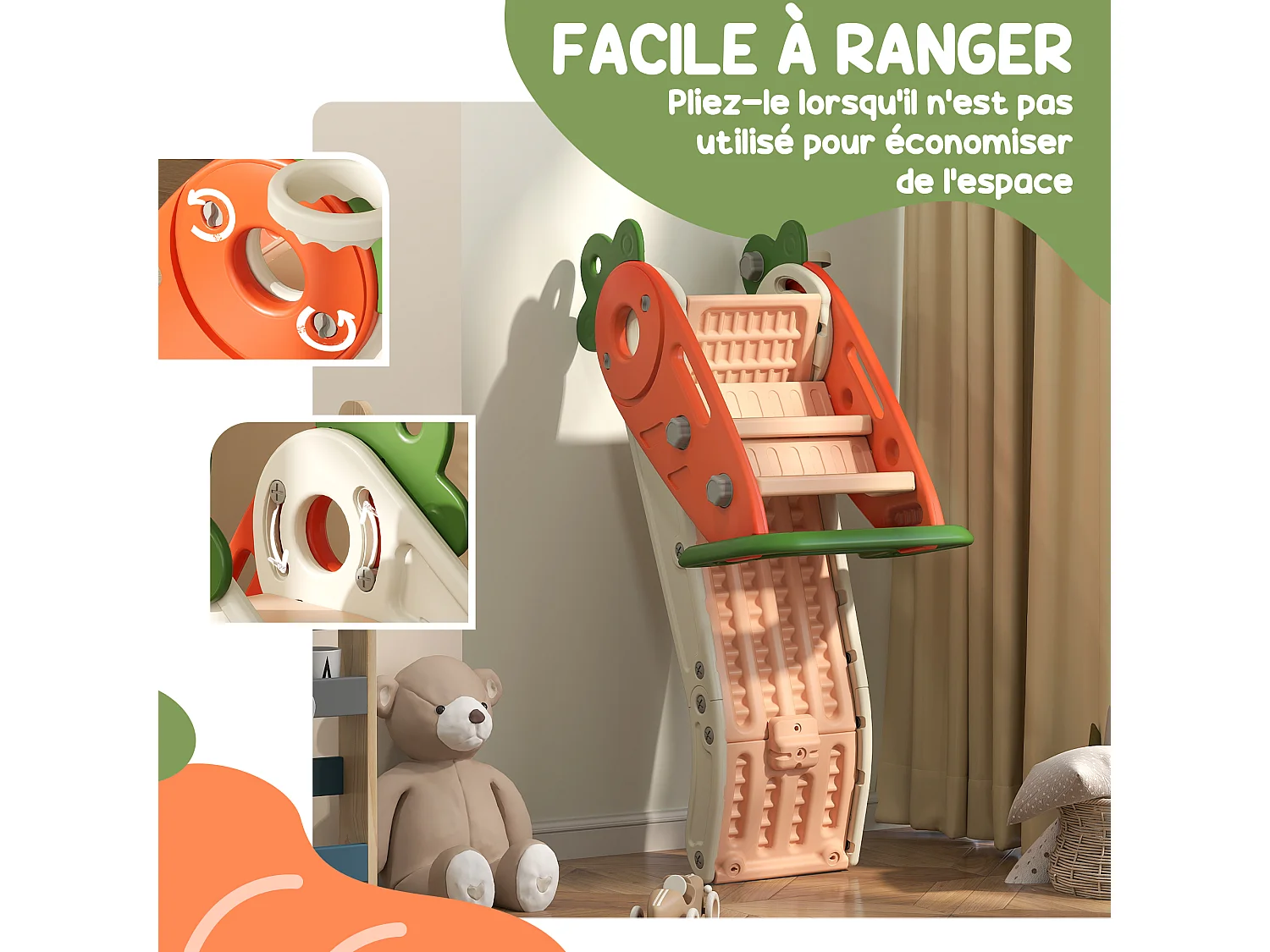 Toboggan pliable enfant 12-36 mois - panier basket, balle inclus - usage intérieur extérieur - HDPE orange beige