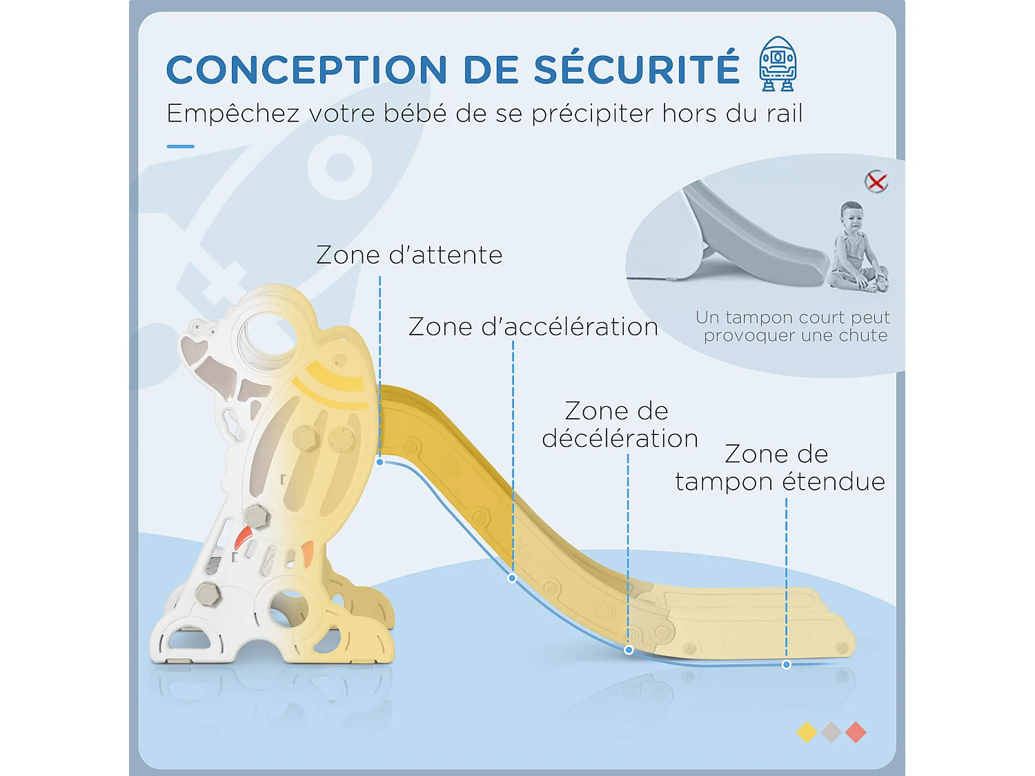 Toboggan enfant 18-36 mois design fusée - usage intérieur - dim. 157L x 46,5l x 80H cm - PE gris blanc