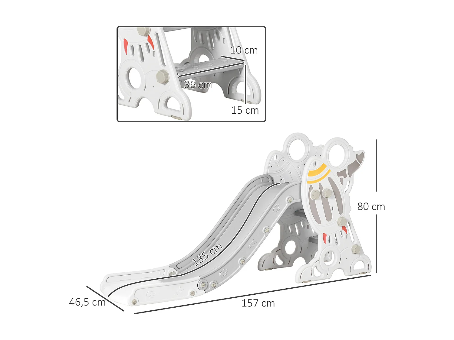 Toboggan enfant 18-36 mois design fusée - usage intérieur - dim. 157L x 46,5l x 80H cm - PE gris blanc
