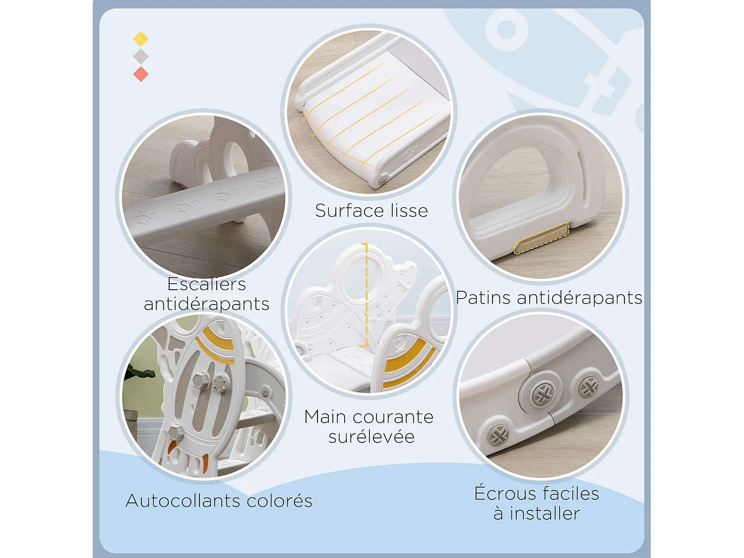 Toboggan enfant 18-36 mois design fusée - usage intérieur - dim. 157L x 46,5l x 80H cm - PE gris blanc