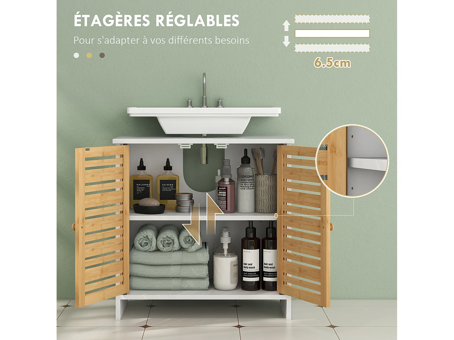 Meuble sous vasque style cosy naturel - 2 portes, étagère - dim. 60L x 30l x 60H cm - blanc bambou