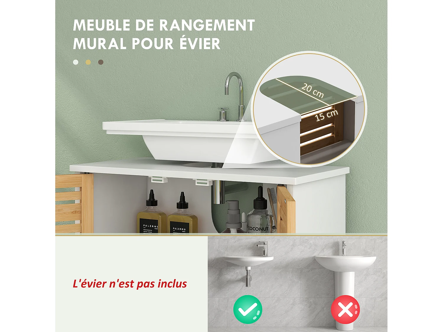 Meuble sous vasque style cosy naturel - 2 portes, étagère - dim. 60L x 30l x 60H cm - blanc bambou