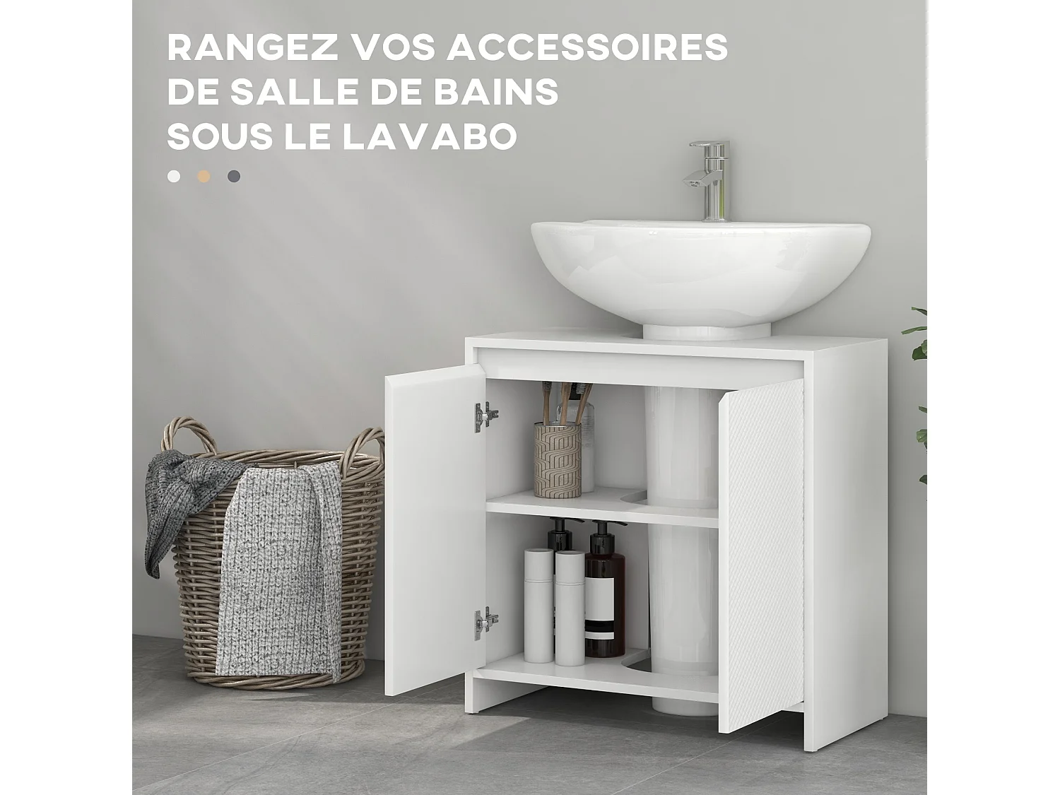 Meuble sous vasque design contemporain 2 portes étagère dim. 60L x 30l x 60H cm blanc