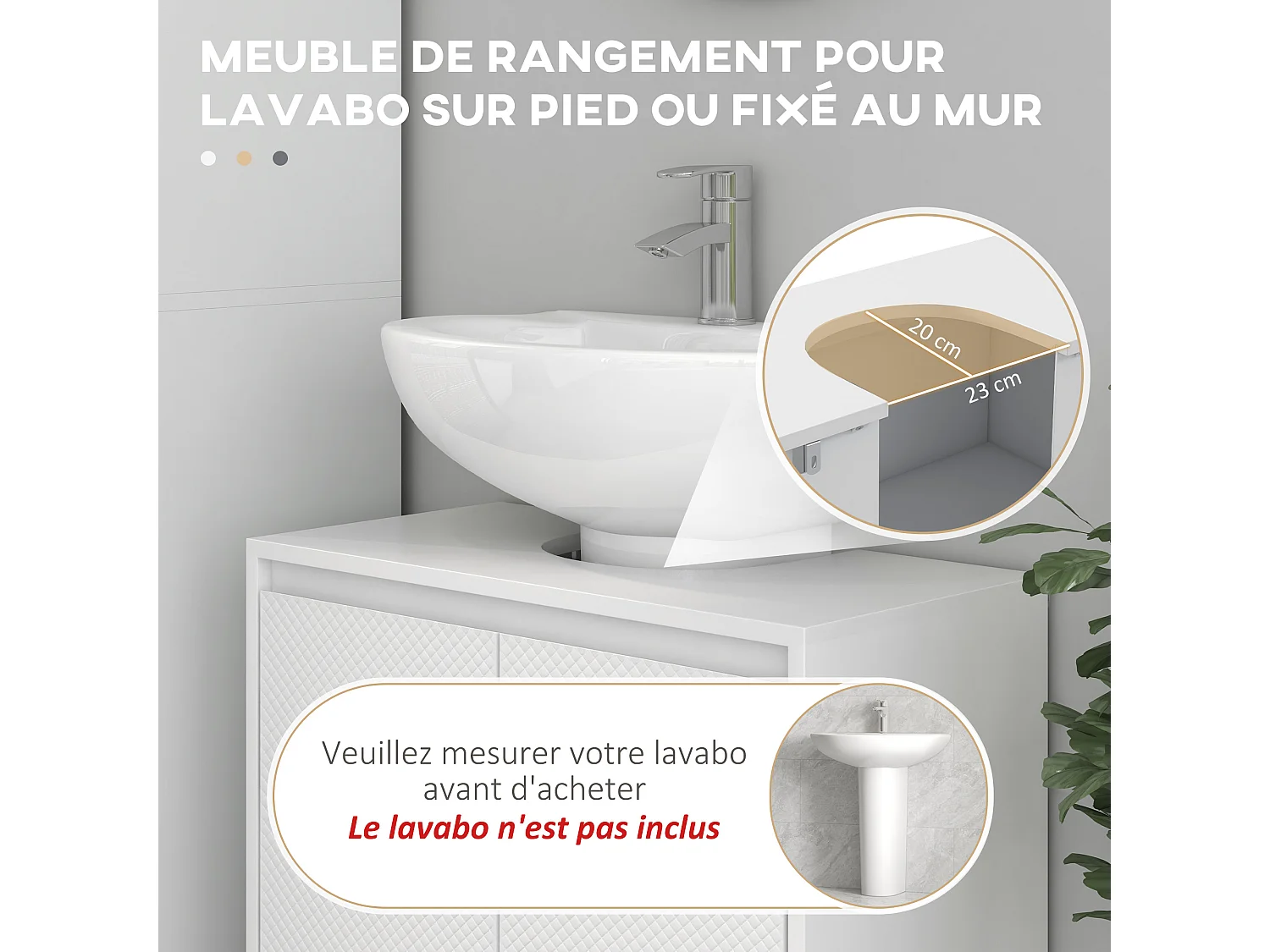 Meuble sous vasque design contemporain 2 portes étagère dim. 60L x 30l x 60H cm blanc