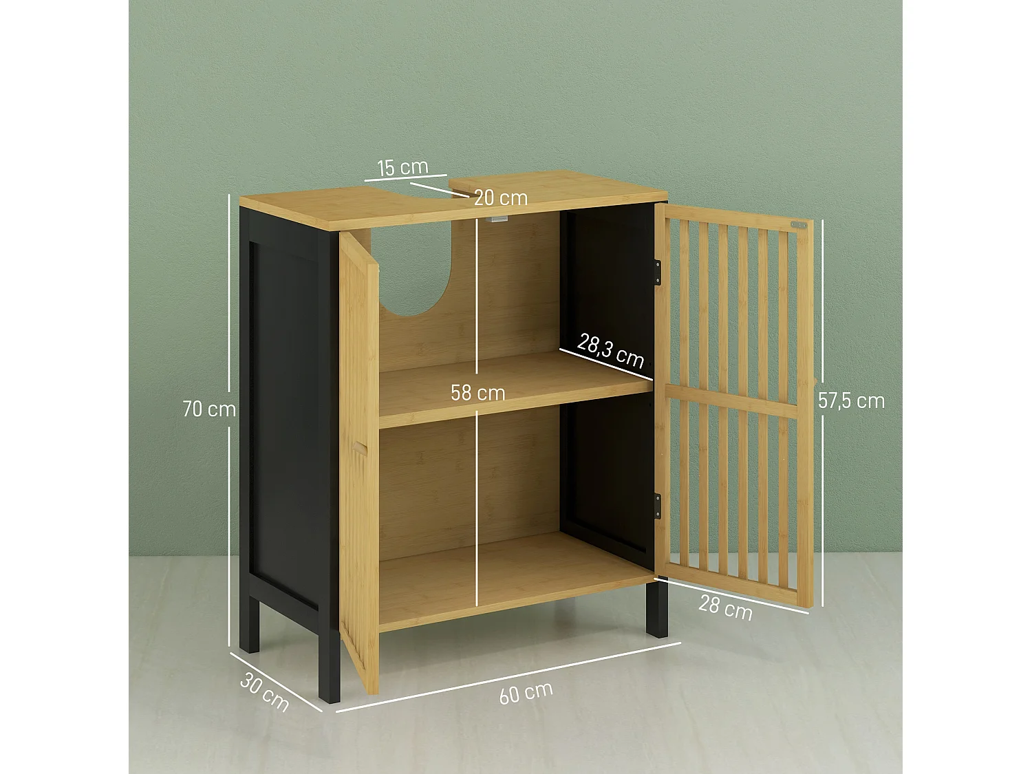 Meuble sous-vasque 2 portes étagère MDF noir bambou verni