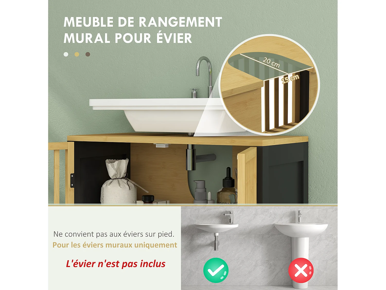 Meuble sous-vasque 2 portes étagère MDF noir bambou verni