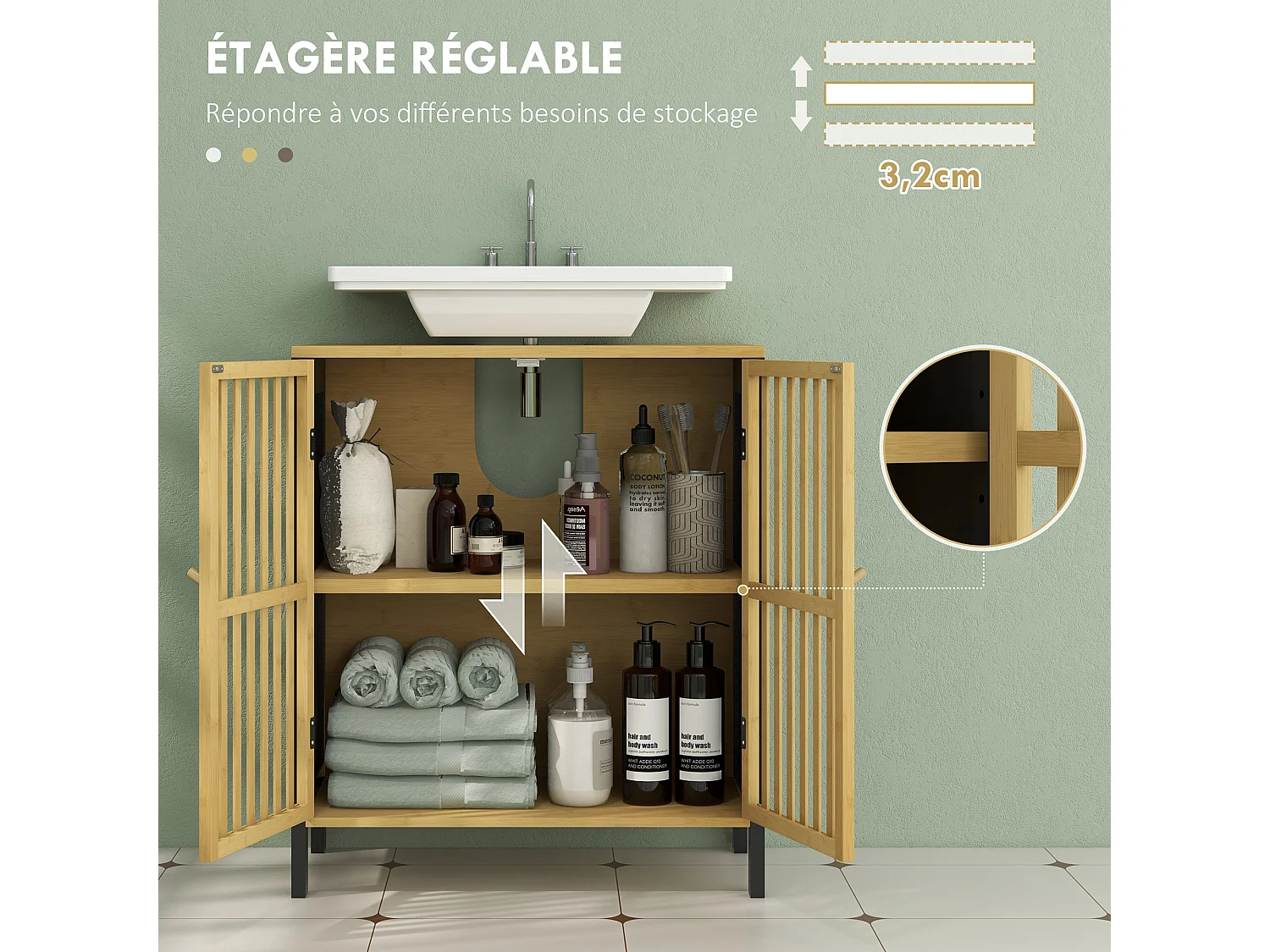 Meuble sous-vasque 2 portes étagère MDF noir bambou verni