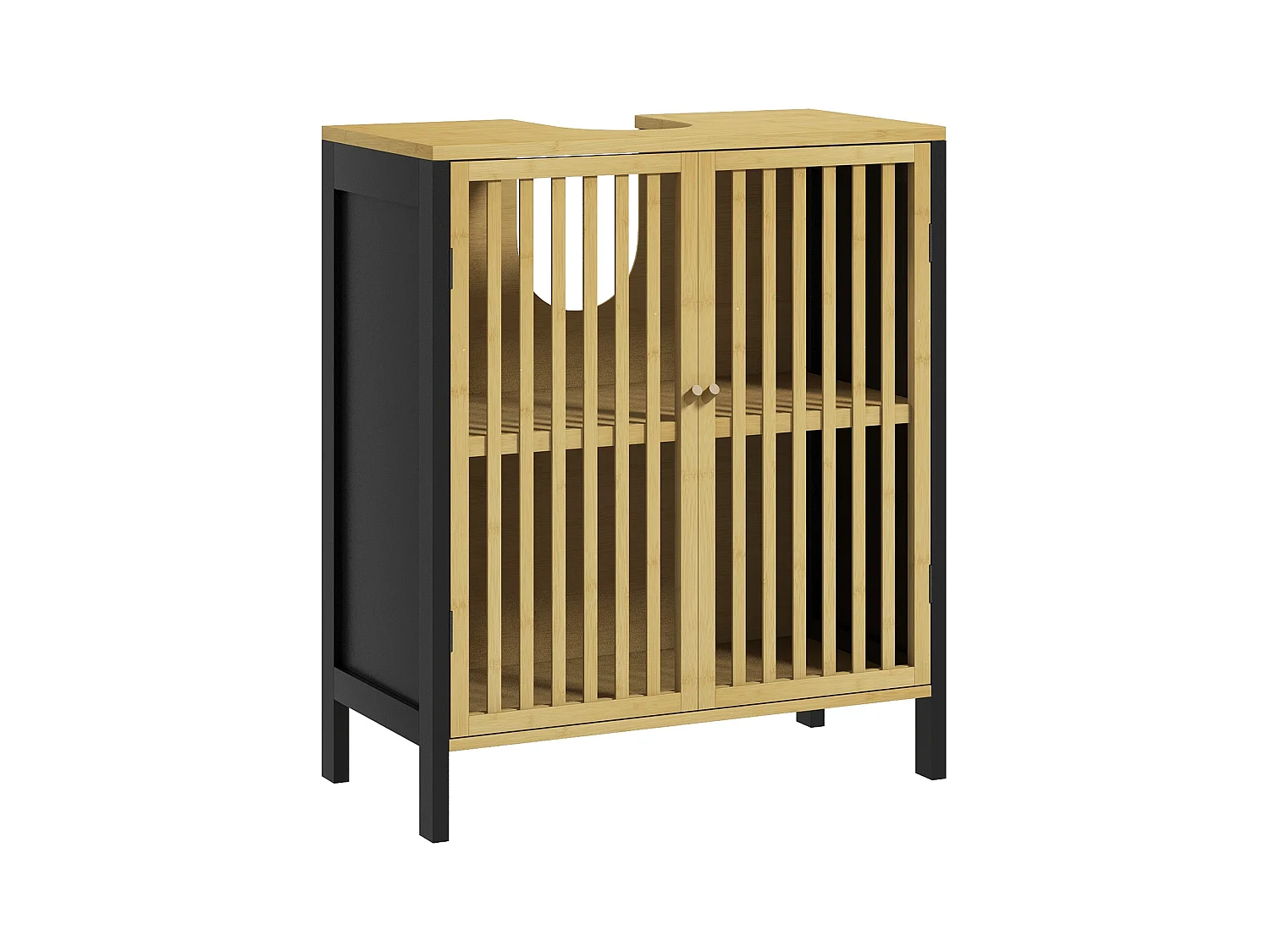 Meuble sous-vasque 2 portes étagère MDF noir bambou verni