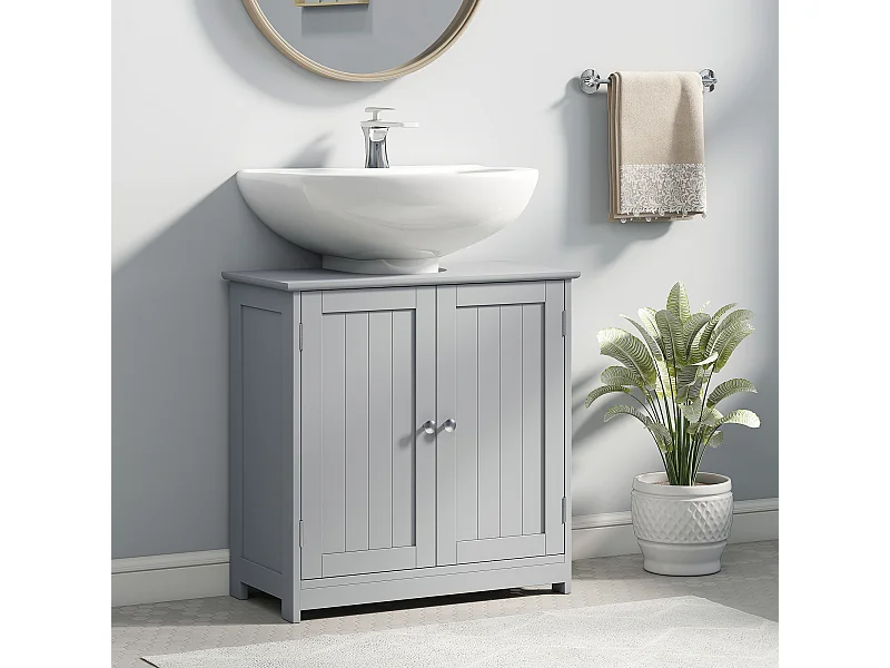 Meuble vasque - meuble sous-vasque - 2 portes rainurées avec étagère réglable - poignées métal chromé - dim. 60L x 30l x 60H cm - MDF gris