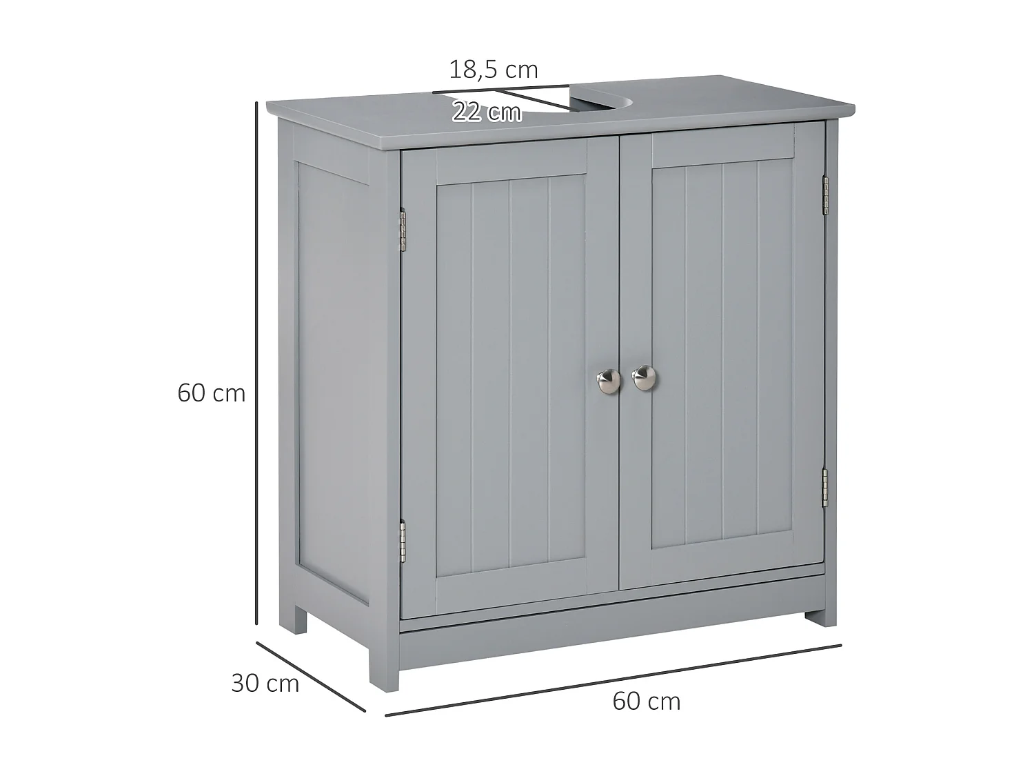 Meuble vasque - meuble sous-vasque - 2 portes rainurées avec étagère réglable - poignées métal chromé - dim. 60L x 30l x 60H cm - MDF gris