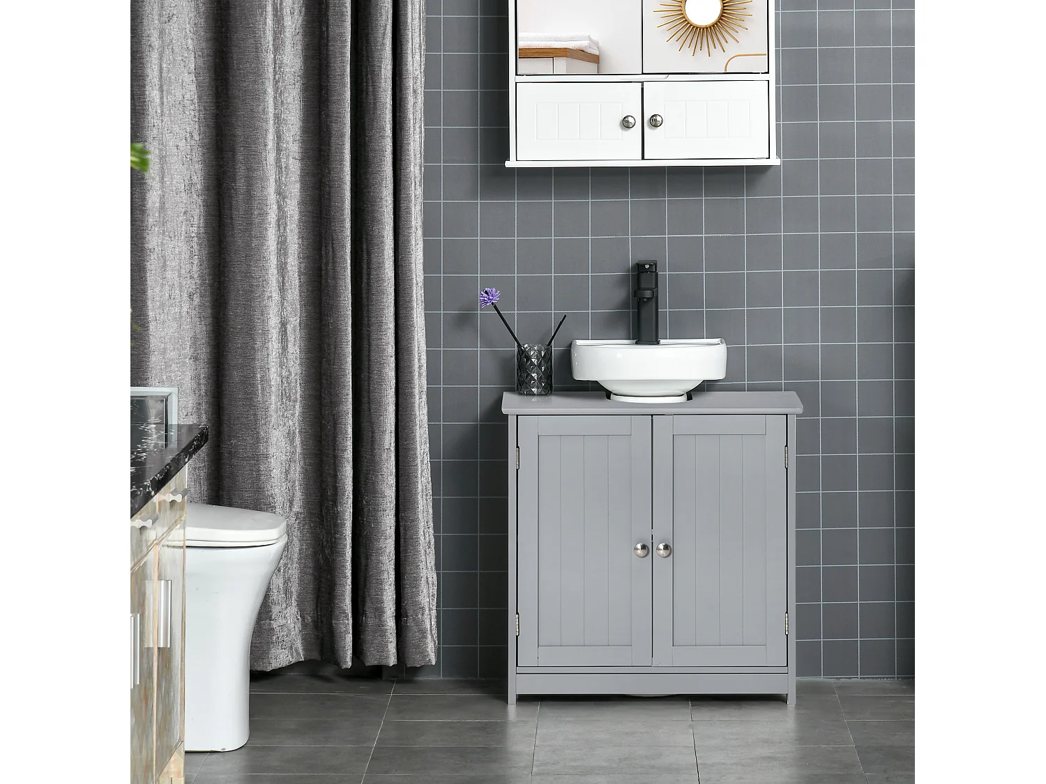 Meuble vasque - meuble sous-vasque - 2 portes rainurées avec étagère réglable - poignées métal chromé - dim. 60L x 30l x 60H cm - MDF gris