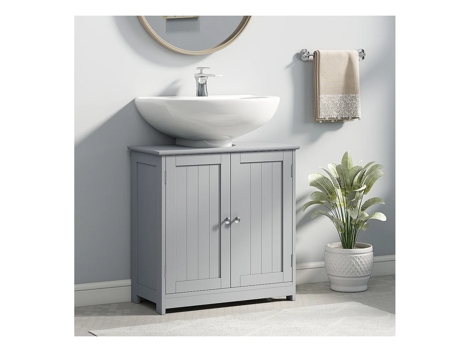 Meuble vasque - meuble sous-vasque - 2 portes rainurées avec étagère réglable - poignées métal chromé - dim. 60L x 30l x 60H cm - MDF gris