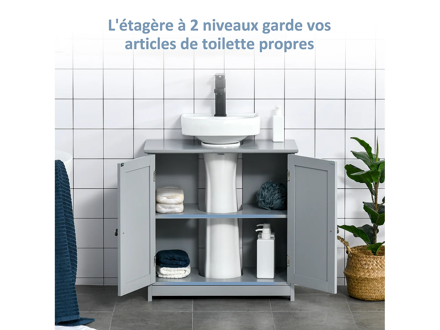 Meuble vasque - meuble sous-vasque - 2 portes rainurées avec étagère réglable - poignées métal chromé - dim. 60L x 30l x 60H cm - MDF gris