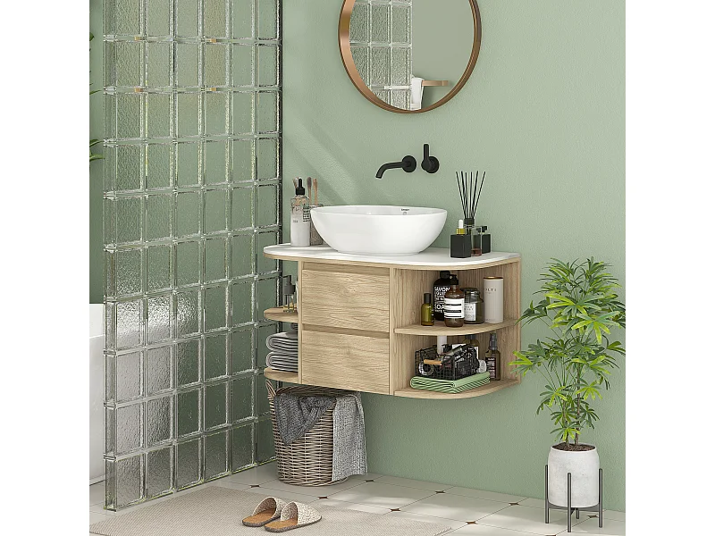 Meuble sous vasque suspendu design tiroirs étagères - dim. 90L x 45P x 46H cm - effet bois clair