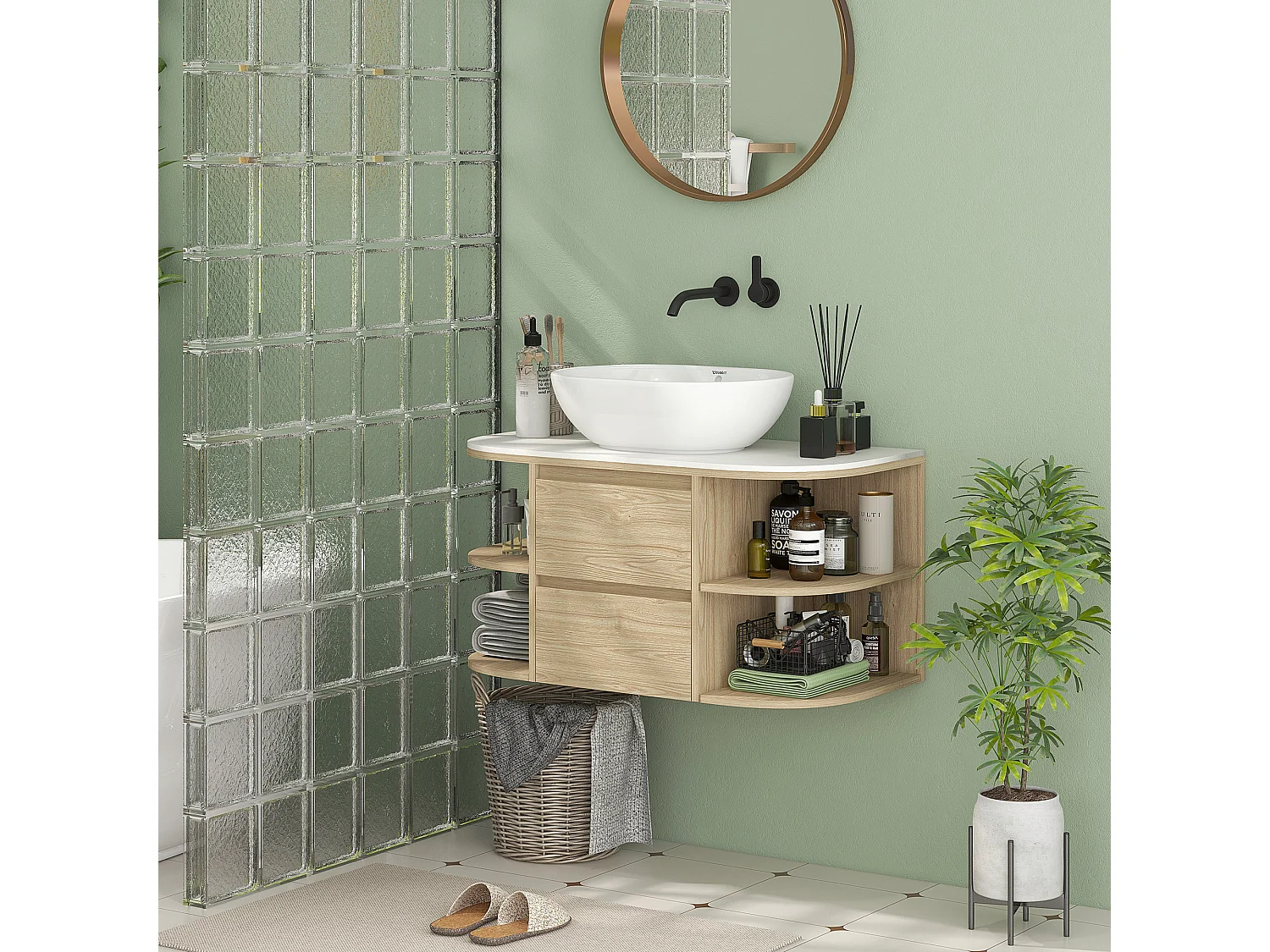 Meuble sous vasque suspendu design tiroirs étagères - dim. 90L x 45P x 46H cm - effet bois clair