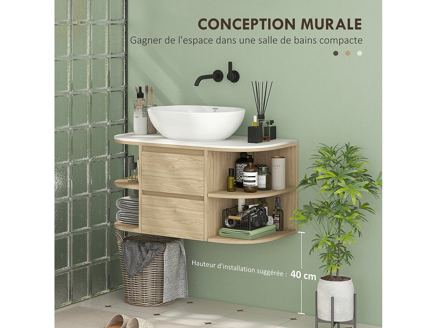 Meuble sous vasque suspendu design tiroirs étagères - dim. 90L x 45P x 46H cm - effet bois clair