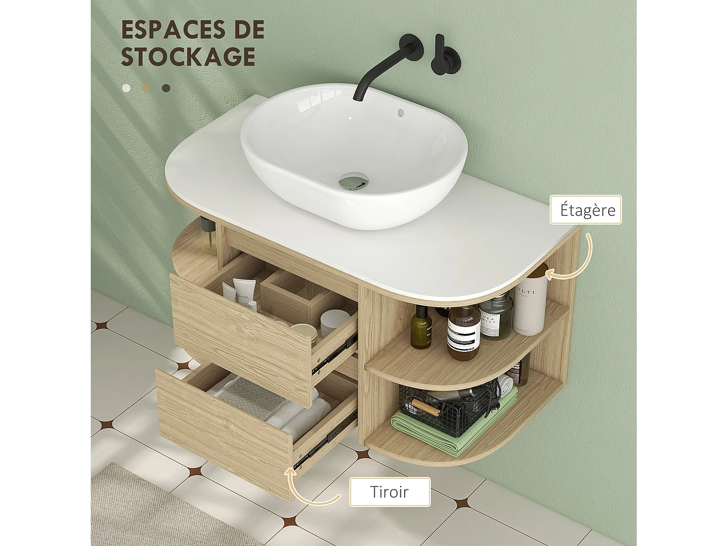 Meuble sous vasque suspendu design tiroirs étagères - dim. 90L x 45P x 46H cm - effet bois clair