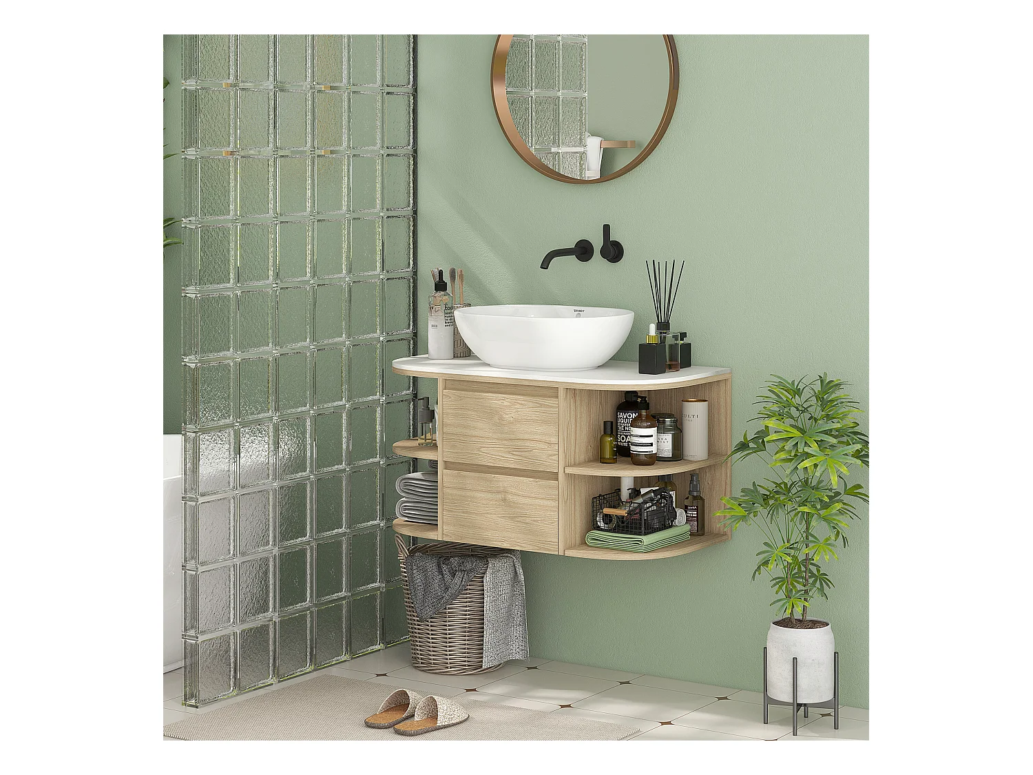 Meuble sous vasque suspendu design tiroirs étagères - dim. 90L x 45P x 46H cm - effet bois clair
