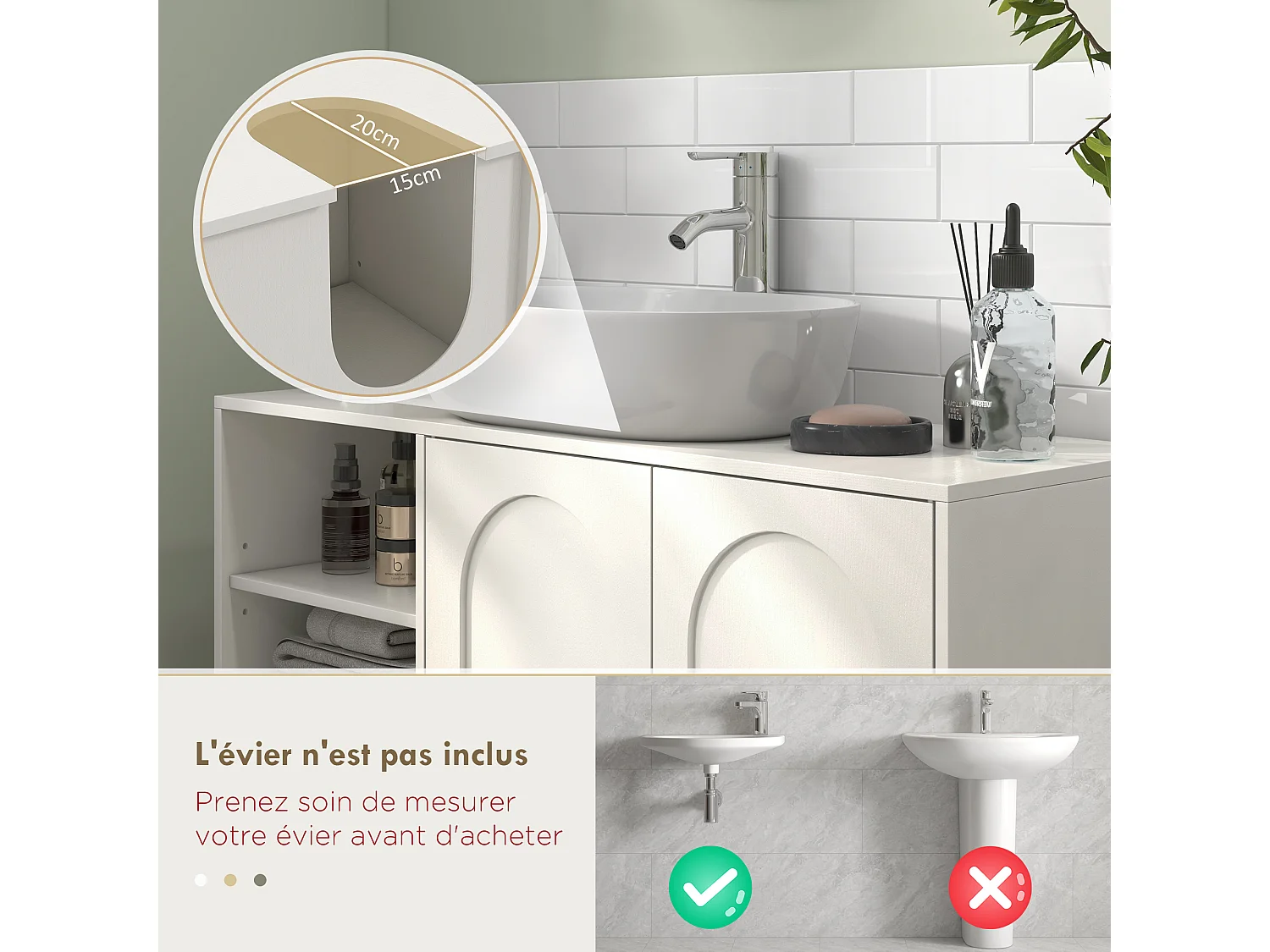 Meuble sous vasque - 2 portes, étagère, 3 niches - MDF crème