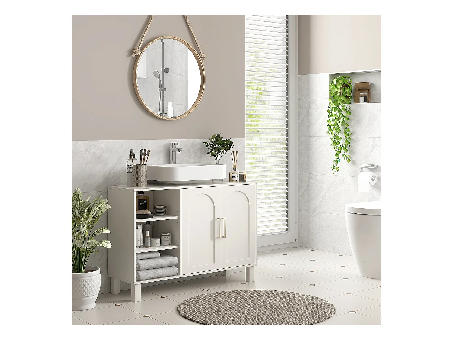 Meuble sous vasque - 2 portes, étagère, 3 niches - MDF crème