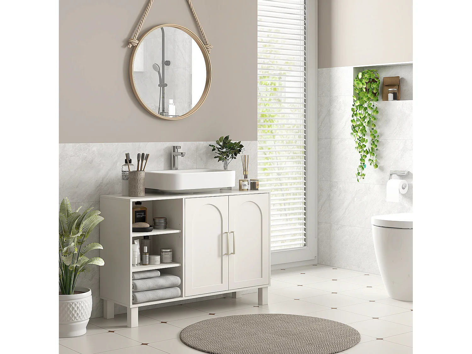 Meuble sous vasque - 2 portes, étagère, 3 niches - MDF crème