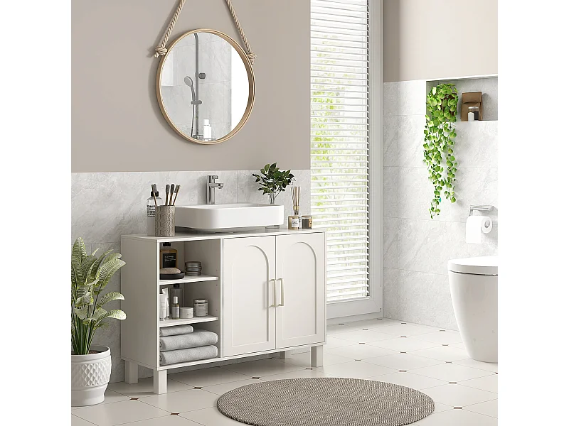 Meuble sous vasque - 2 portes, étagère, 3 niches - MDF crème