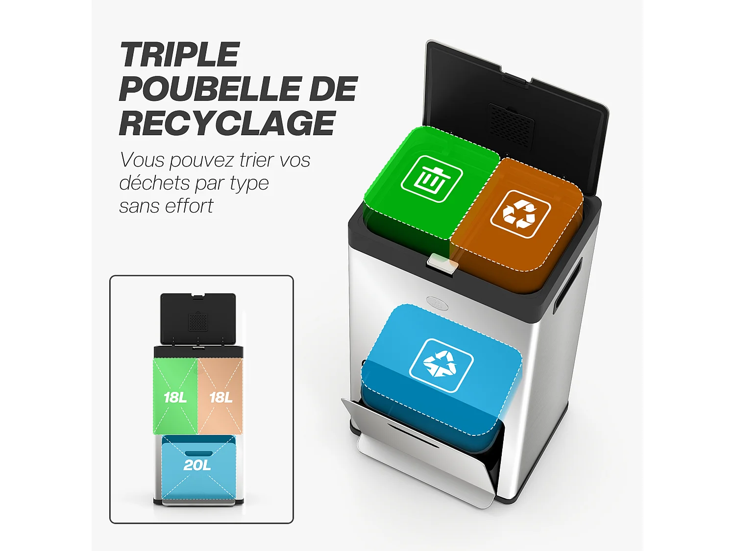 Poubelle de cuisine 2 x 18L + 20L - poubelle à pédale 3 compartiments seaux amovibles filtre anti-odeur - acier inox. brossé