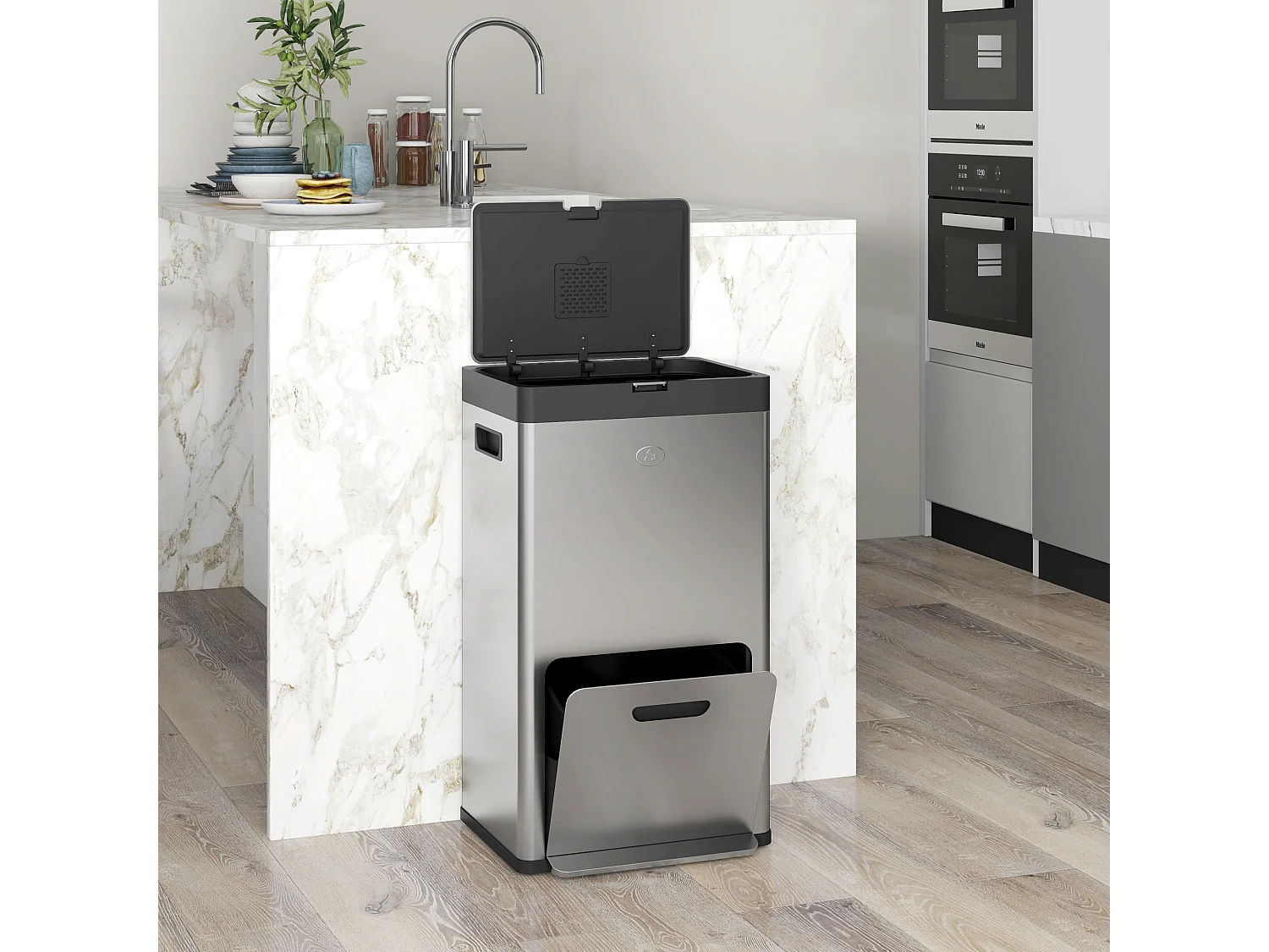 Poubelle de cuisine 2 x 18L + 20L - poubelle à pédale 3 compartiments seaux amovibles filtre anti-odeur - acier inox. brossé