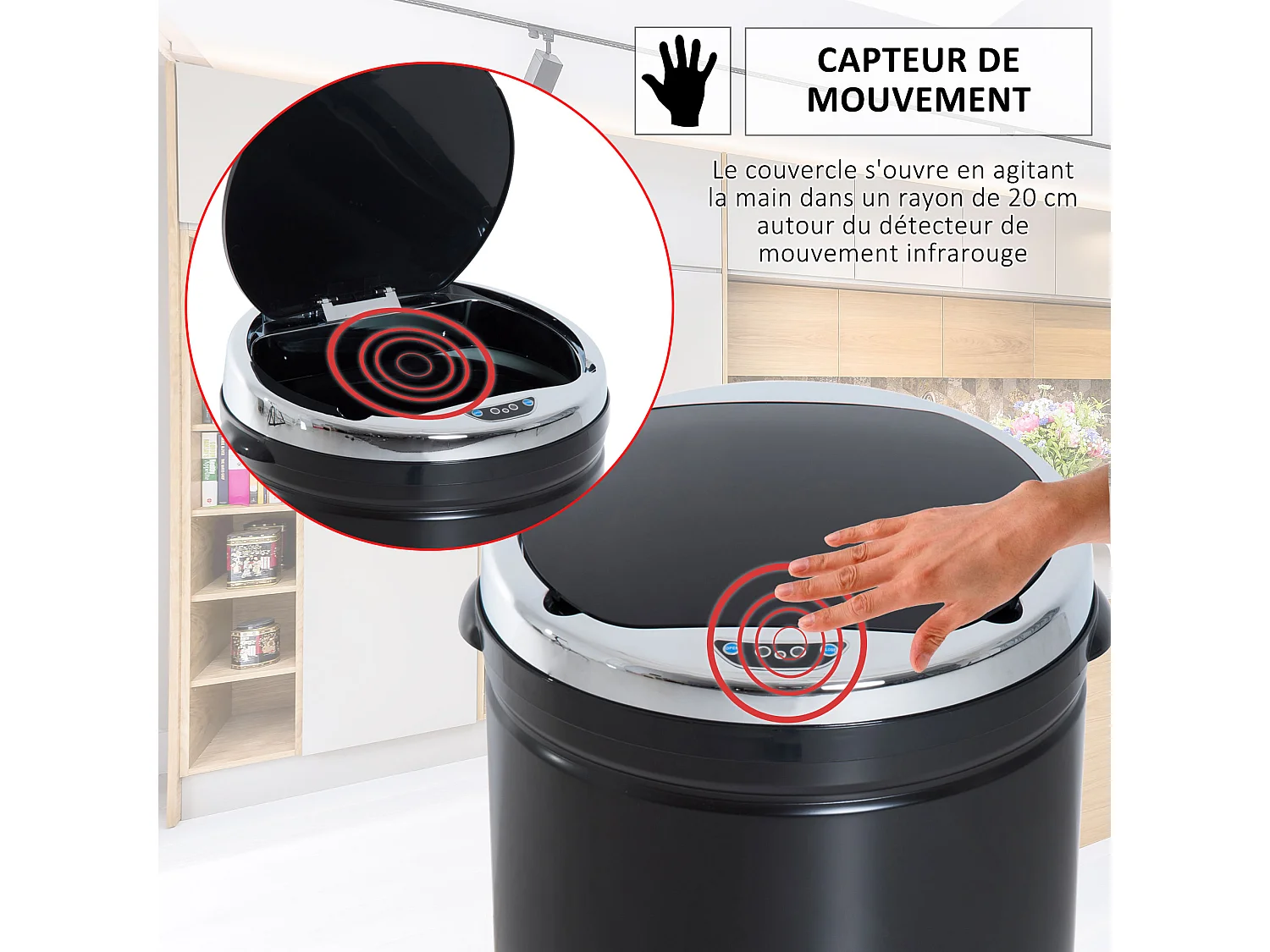 Poubelle automatique détecteur de mouvement 50L bac amovible acier inox. noir