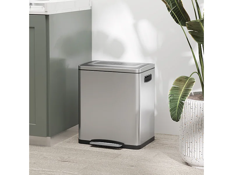 Poubelle de cuisine 2 x 15L - poubelle à pédale 2 compartiments seaux amovibles - acier inox. brossé