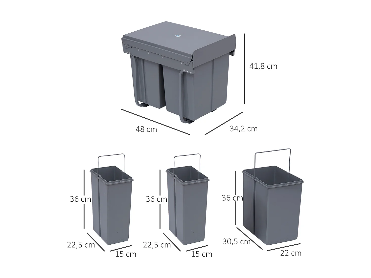 Poubelle de tri coulissante - 3 bacs amovibles avec poignée - 2 x 10L et 1 x 20L - métal PP gris