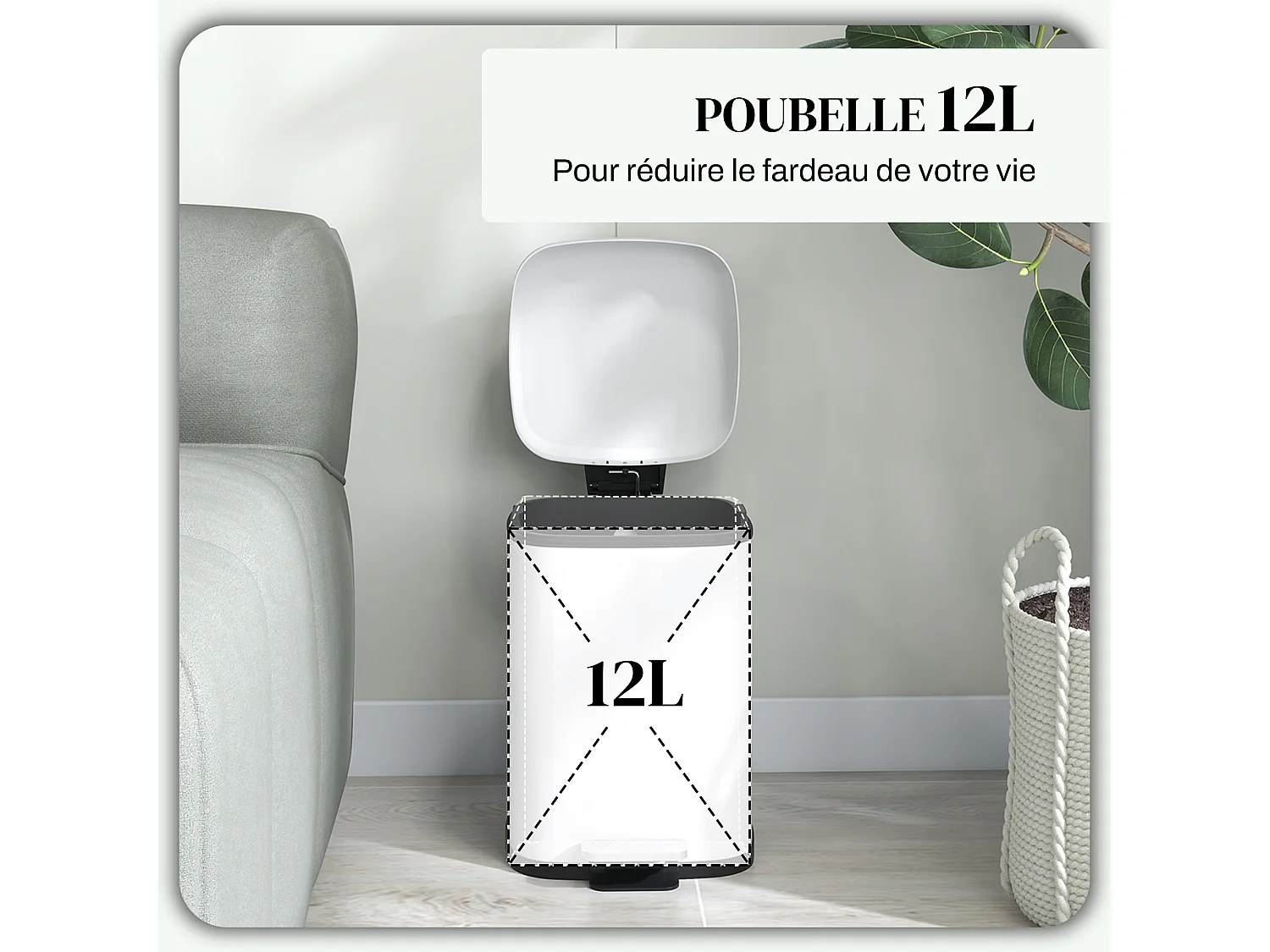 Poubelle de cuisine 12L - poubelle à pédale compartiment seau amovible - acier inox. blanc